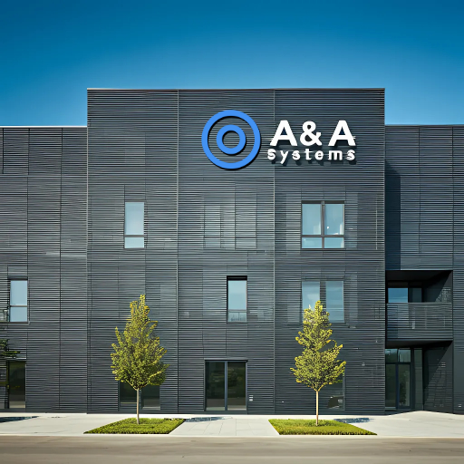 Modern office building with the A&A Systems logo prominently displayed.